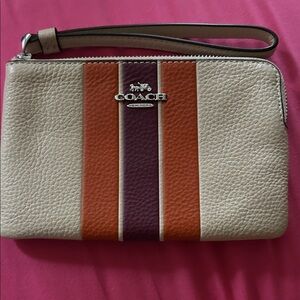 Coach Cream and Orange Striped Wristlet